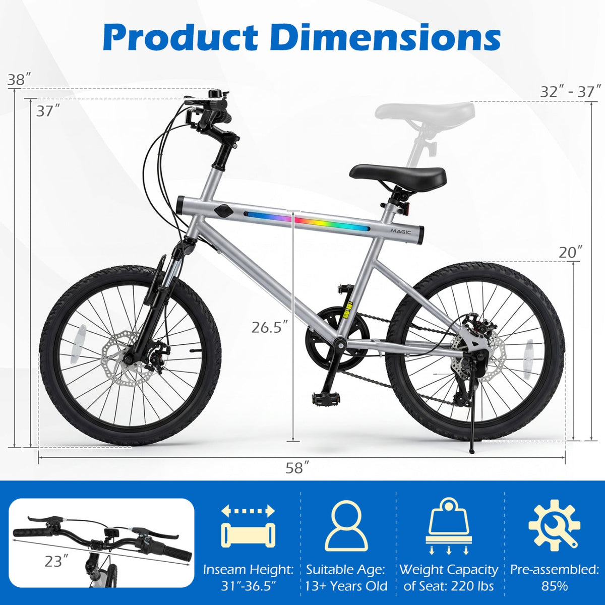 20 Inch LED Lit Commuter Bicycle with Disc Brakes and Stereo Speakers, Silver