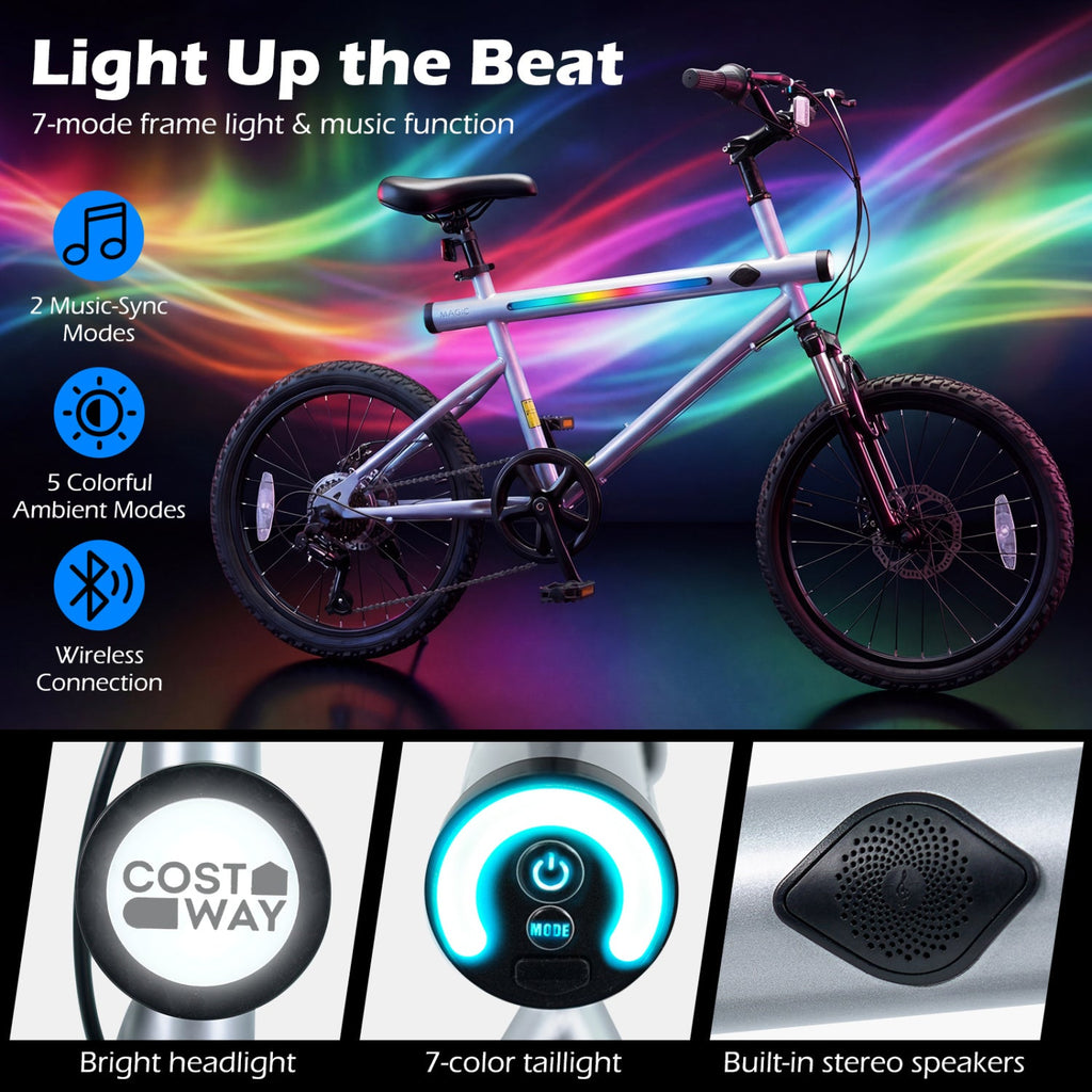 20 Inch LED Lit Commuter Bicycle with Disc Brakes and Stereo Speakers, Silver