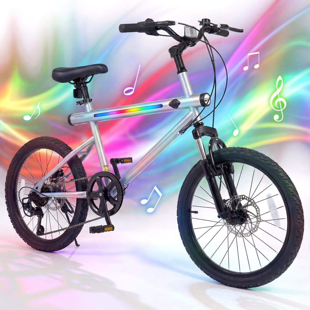 20 Inch LED Lit Commuter Bicycle with Disc Brakes and Stereo Speakers, Silver