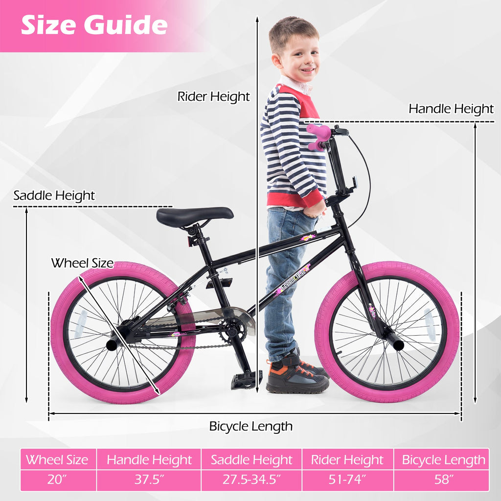 20 Inch Trick Bicycle with 270 Degree Handlebar and 4 Pegs, Pink