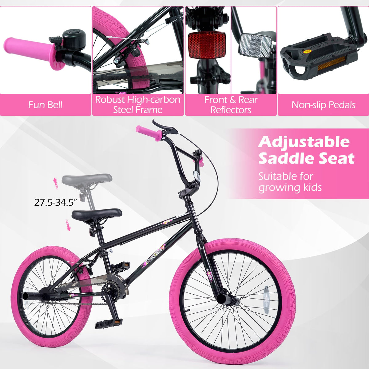 20 Inch Trick Bicycle with 270 Degree Handlebar and 4 Pegs, Pink