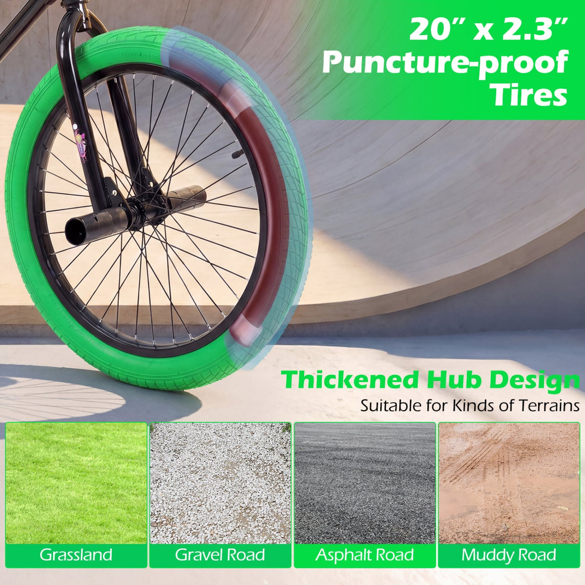 20 Inch Trick Bicycle with 270 Degree Handlebar and 4 Pegs, Green