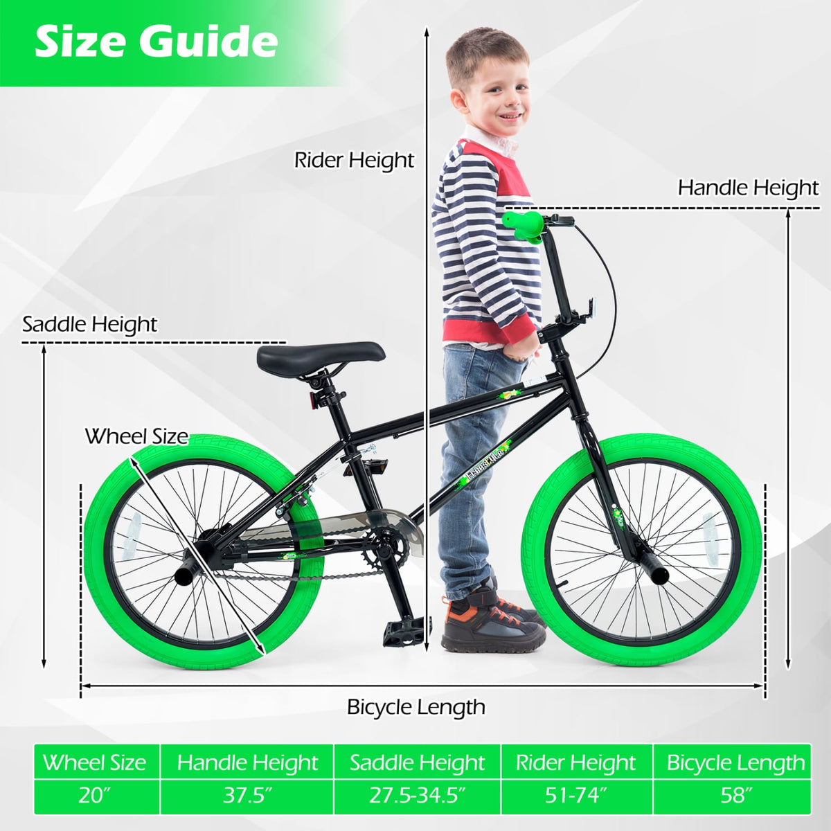 20 Inch Trick Bicycle with 270 Degree Handlebar and 4 Pegs, Green