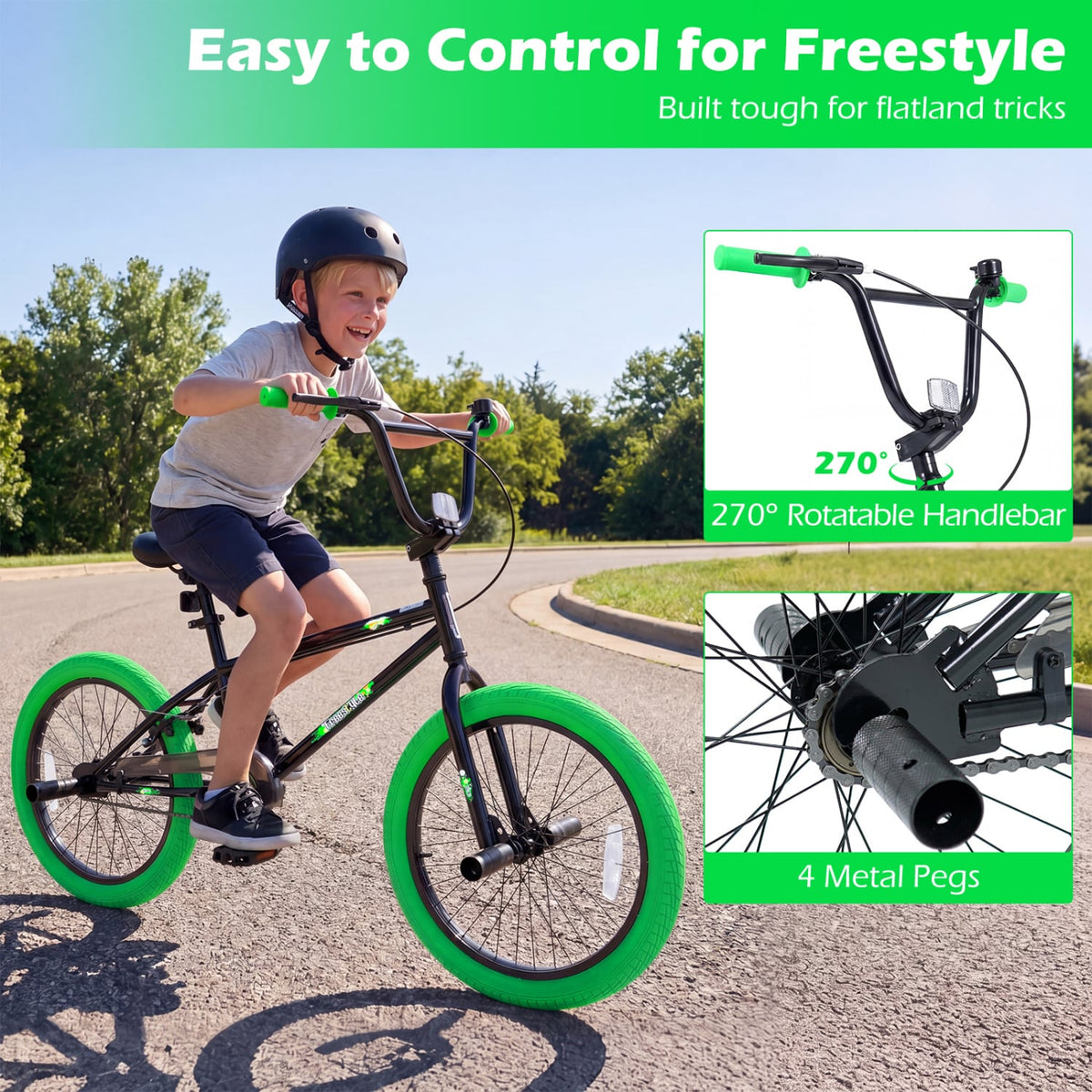 20 Inch Trick Bicycle with 270 Degree Handlebar and 4 Pegs, Green
