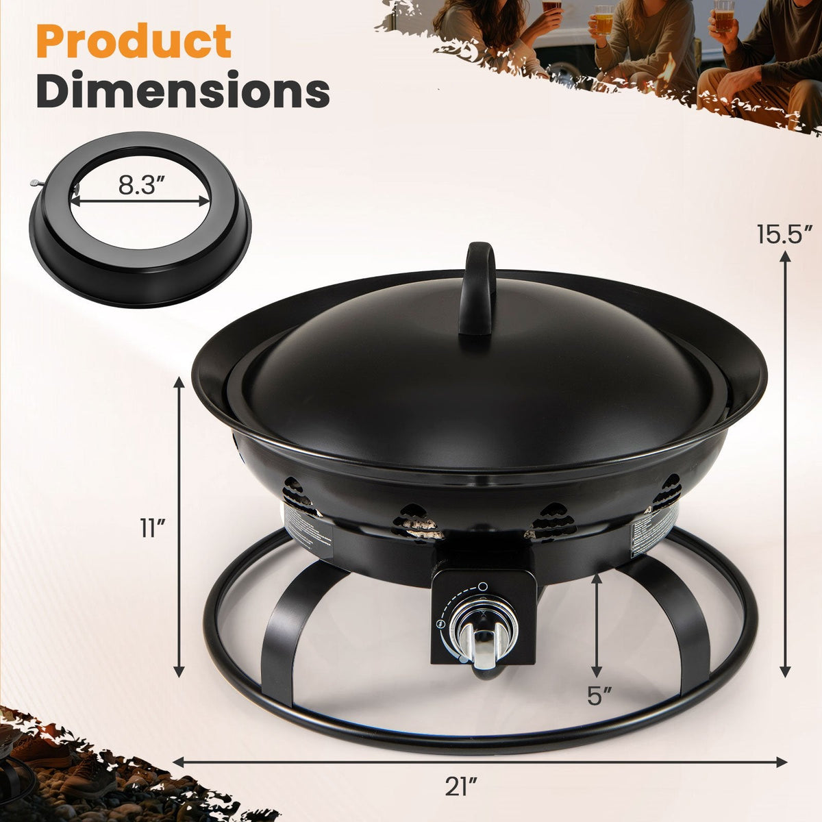 21 Inch Diameter Propane Gas Fire Pit Patio Portable Fire Bowl-Black