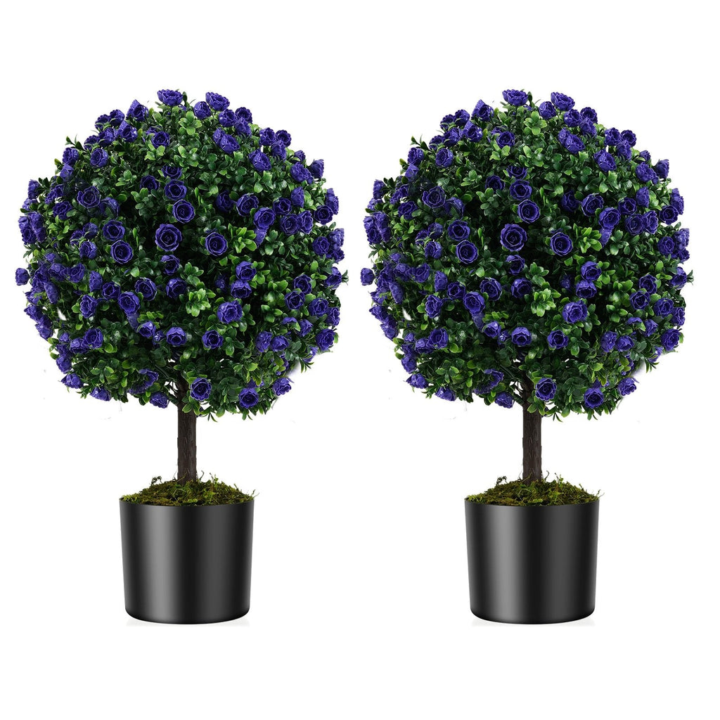 22 Inch Set of 2 Artificial Purple Rose Topiary Ball Trees with Cement-Filled Pot-Purple