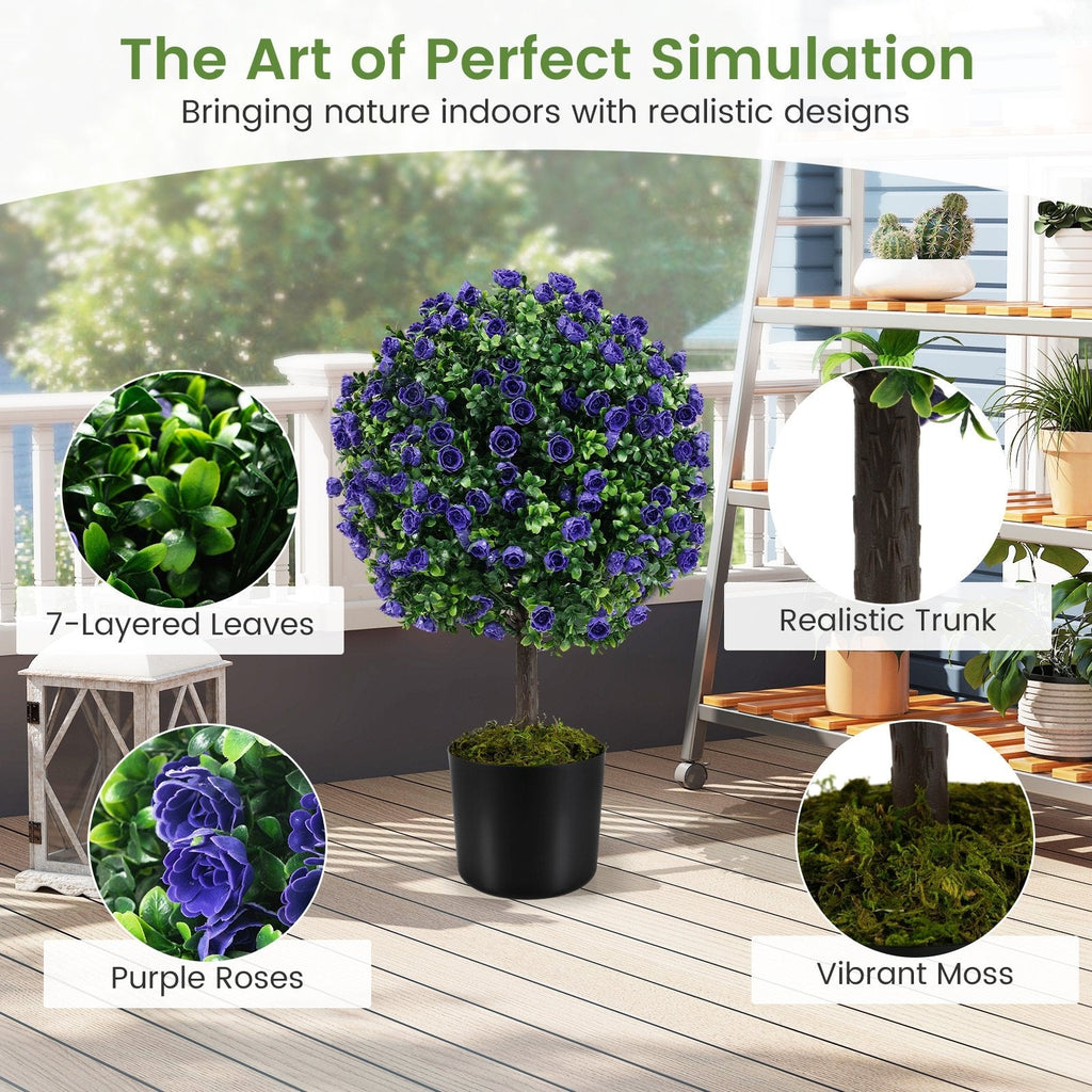 22 Inch Set of 2 Artificial Purple Rose Topiary Ball Trees with Cement-Filled Pot-Purple
