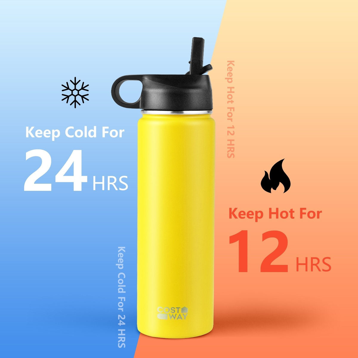 22 Oz Double-walled Insulated Stainless Steel Water Bottle with 2 Lids and Straw-Yellow
