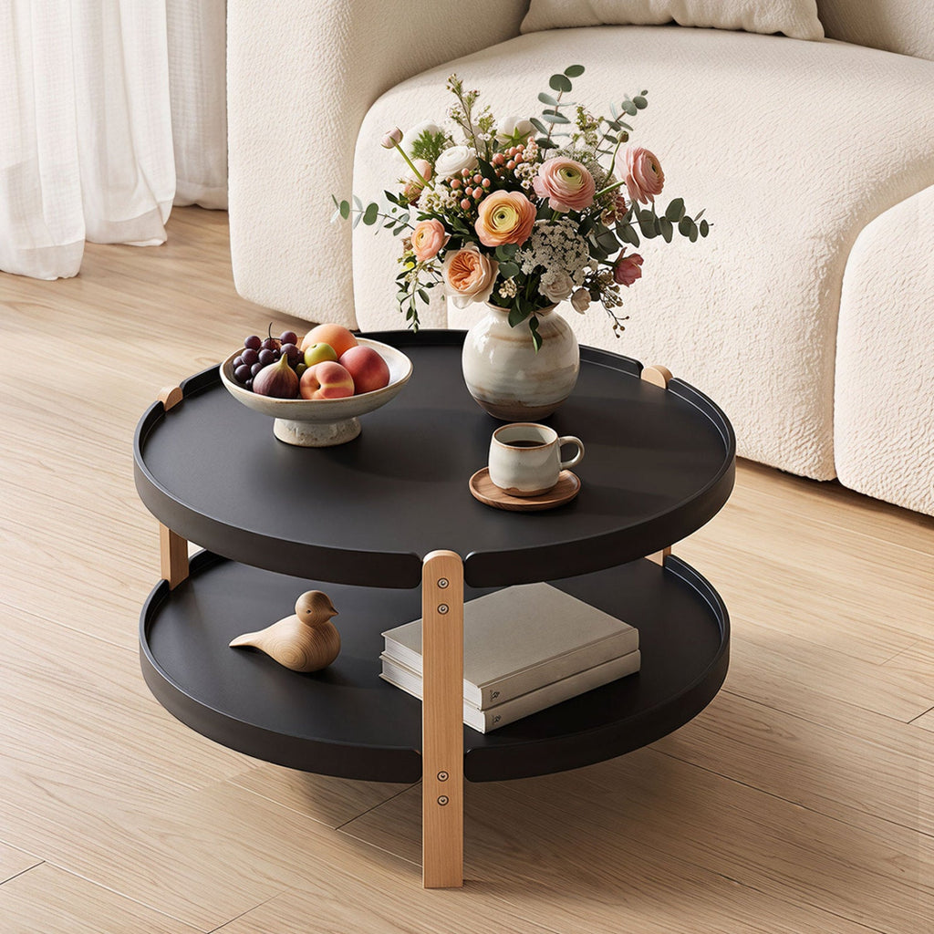 23.5 inches 2-Tier Round Coffee Table with Solid Wood Legs and Open Storage Shelf-Black