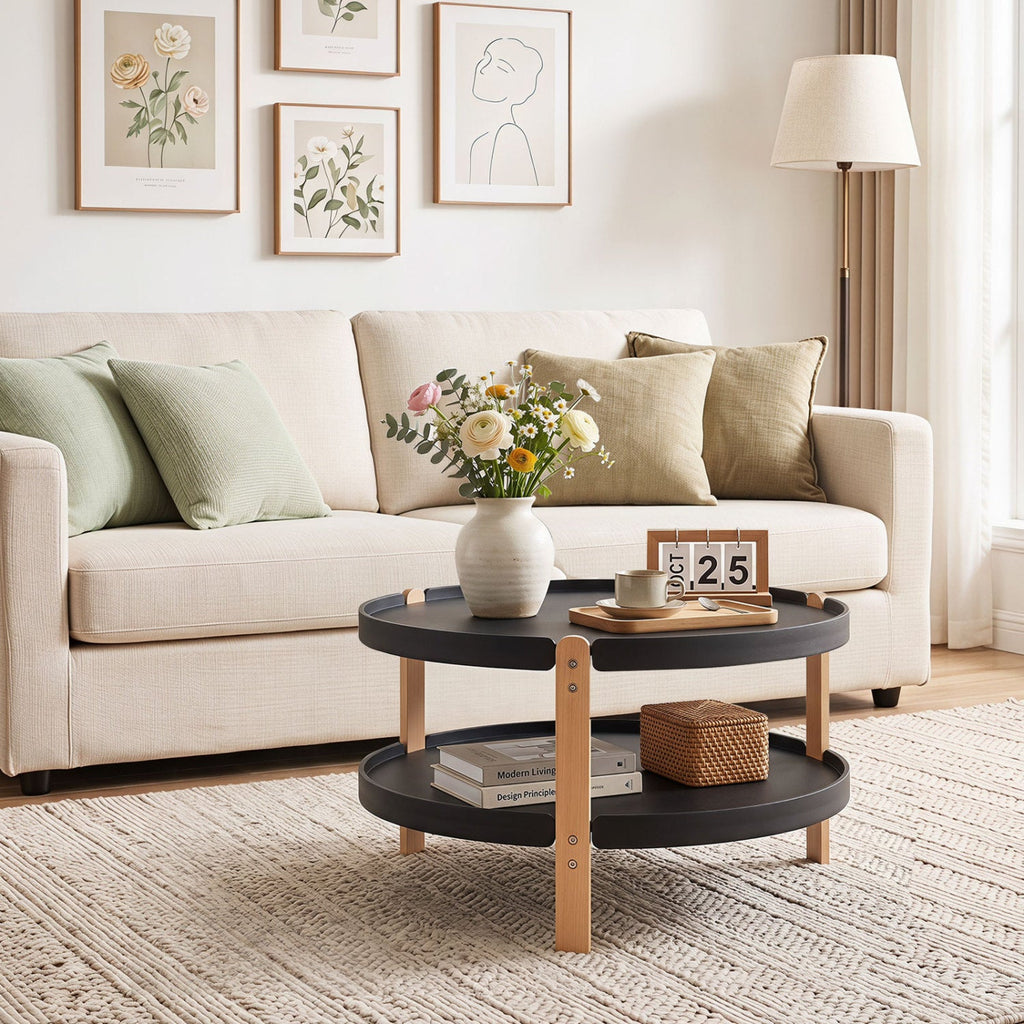 23.5 inches 2-Tier Round Coffee Table with Solid Wood Legs and Open Storage Shelf-Black