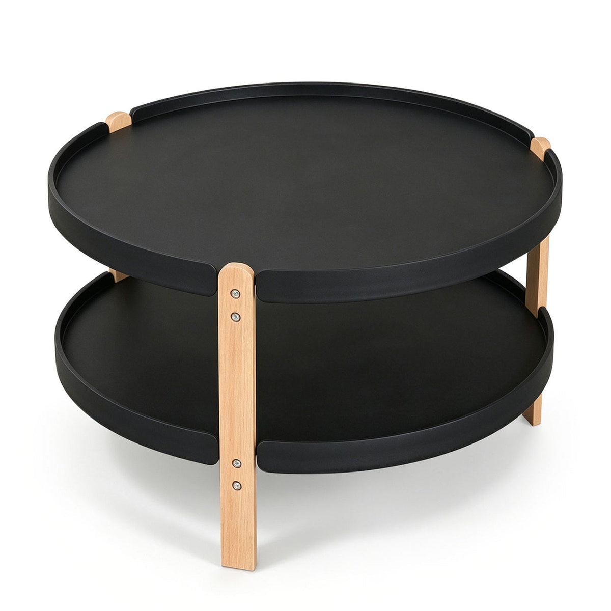 23.5 inches 2-Tier Round Coffee Table with Solid Wood Legs and Open Storage Shelf-Black