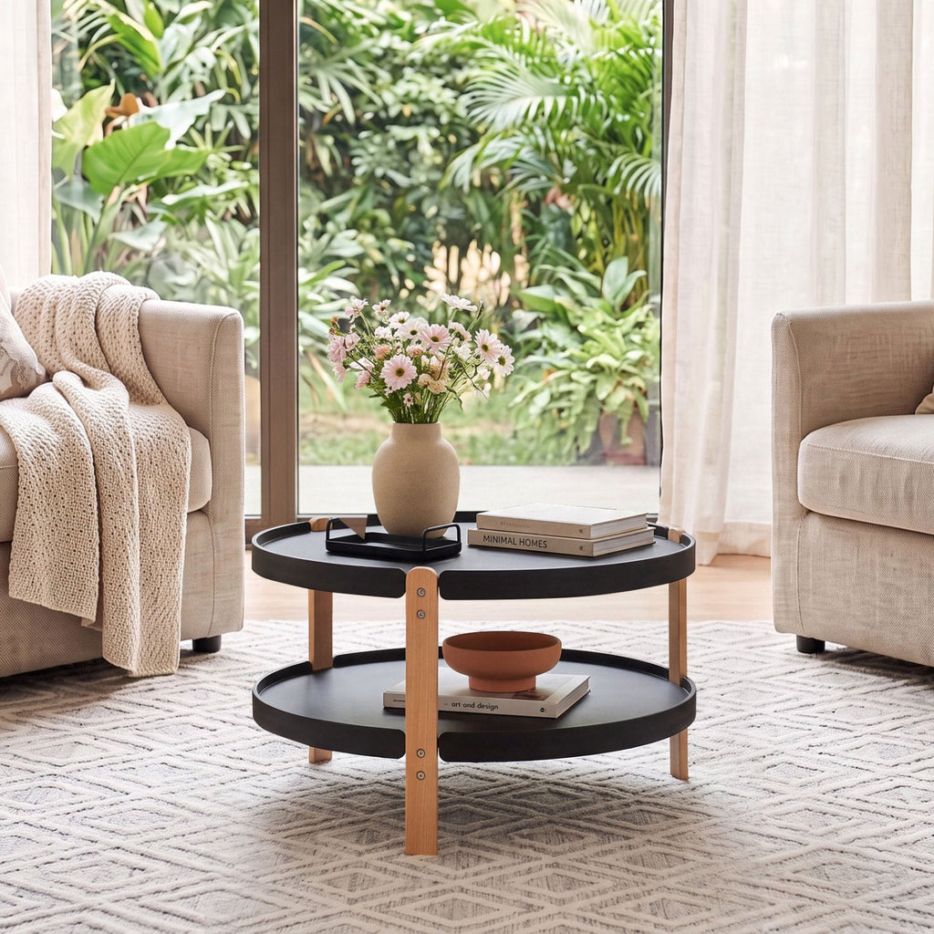 23.5 inches 2-Tier Round Coffee Table with Solid Wood Legs and Open Storage Shelf-Black