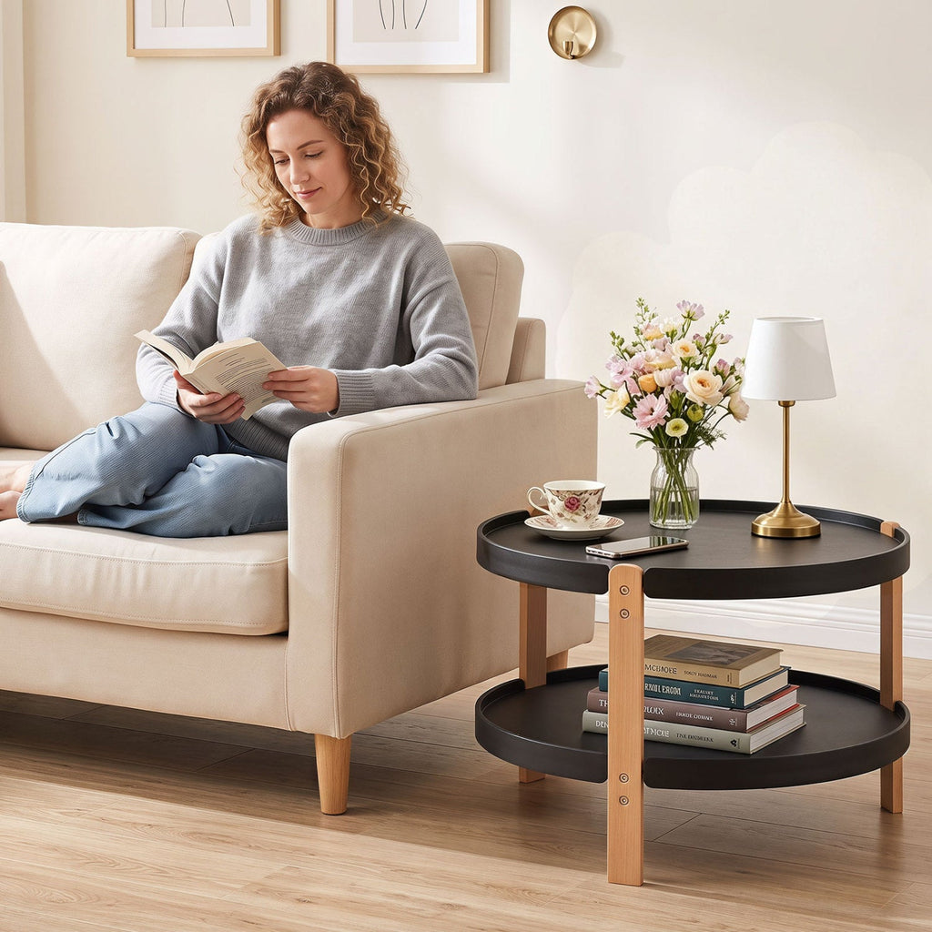 23.5 inches 2-Tier Round Coffee Table with Solid Wood Legs and Open Storage Shelf-Black