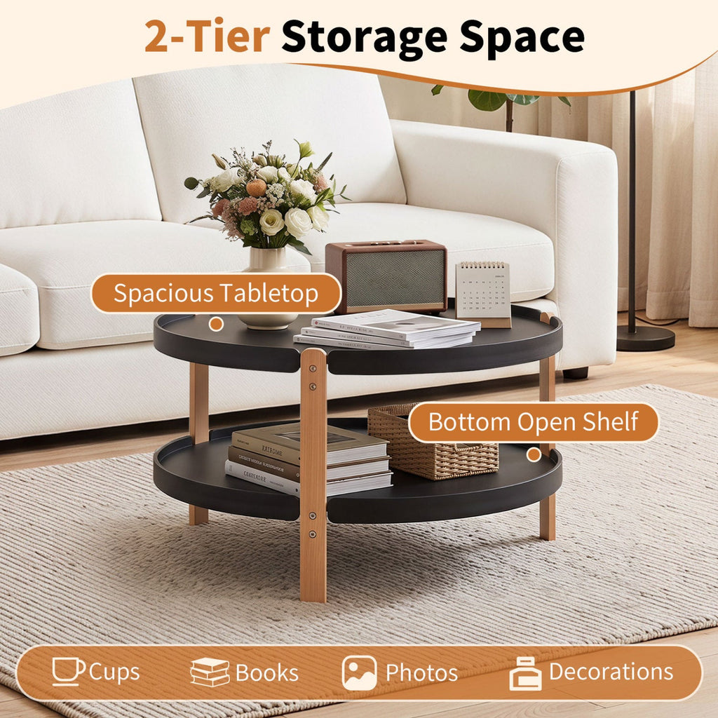 23.5 inches 2-Tier Round Coffee Table with Solid Wood Legs and Open Storage Shelf-Black