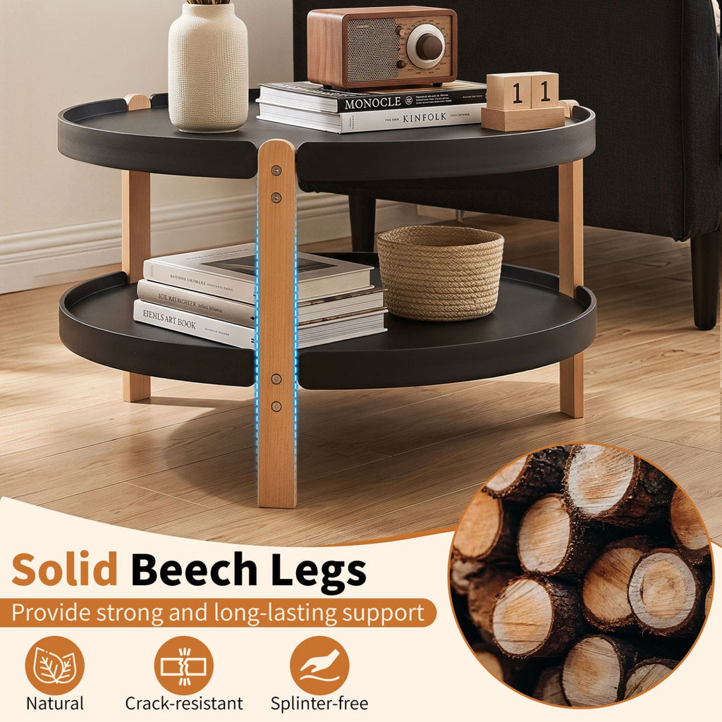23.5 inches 2-Tier Round Coffee Table with Solid Wood Legs and Open Storage Shelf-Black