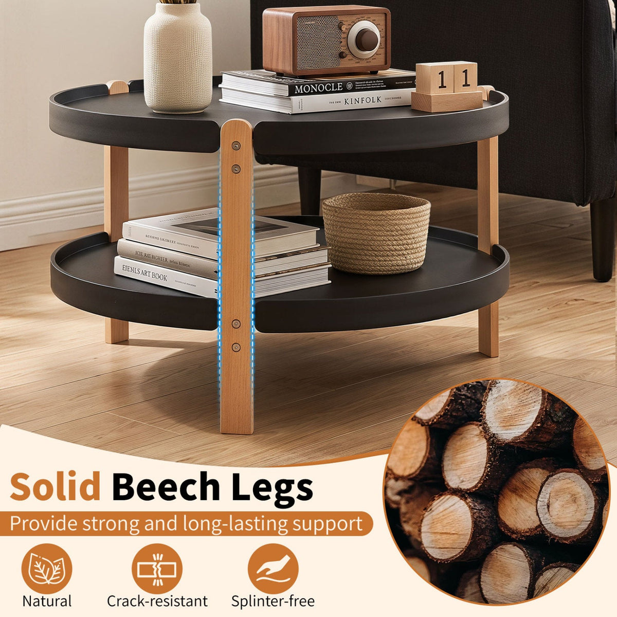 23.5 inches 2-Tier Round Coffee Table with Solid Wood Legs and Open Storage Shelf-Black