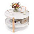 23.5 inches 2-Tier Round Coffee Table with Solid Wood Legs and Open Storage Shelf-White