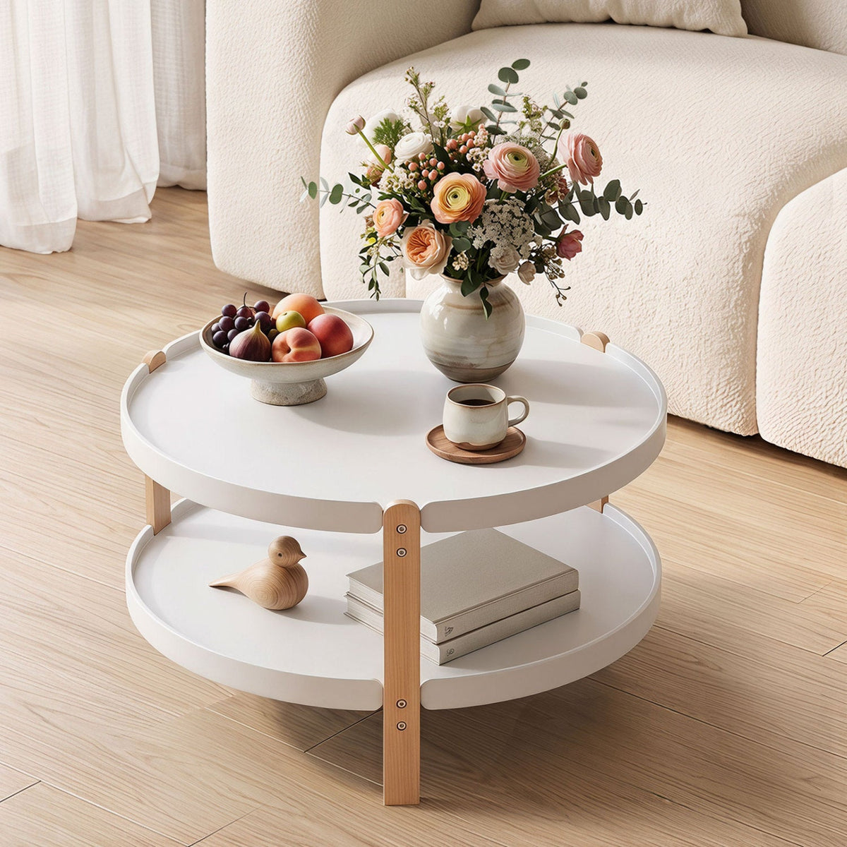 23.5 inches 2-Tier Round Coffee Table with Solid Wood Legs and Open Storage Shelf-White