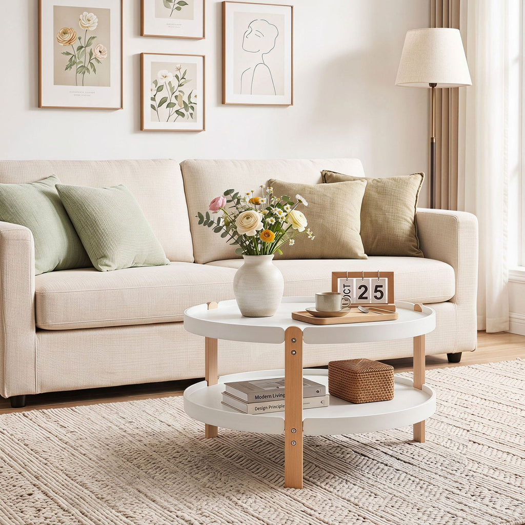 23.5 inches 2-Tier Round Coffee Table with Solid Wood Legs and Open Storage Shelf-White
