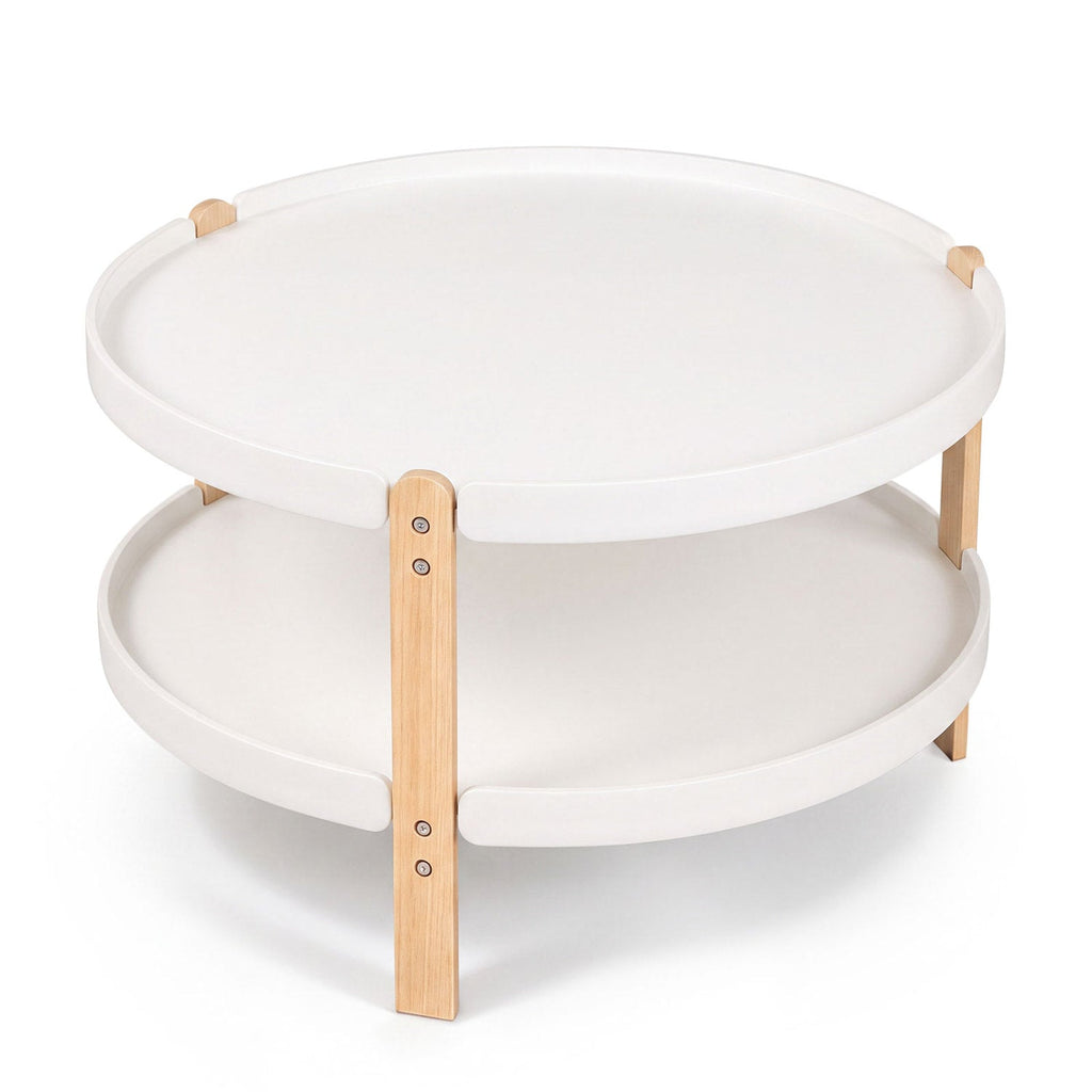 23.5 inches 2-Tier Round Coffee Table with Solid Wood Legs and Open Storage Shelf-White