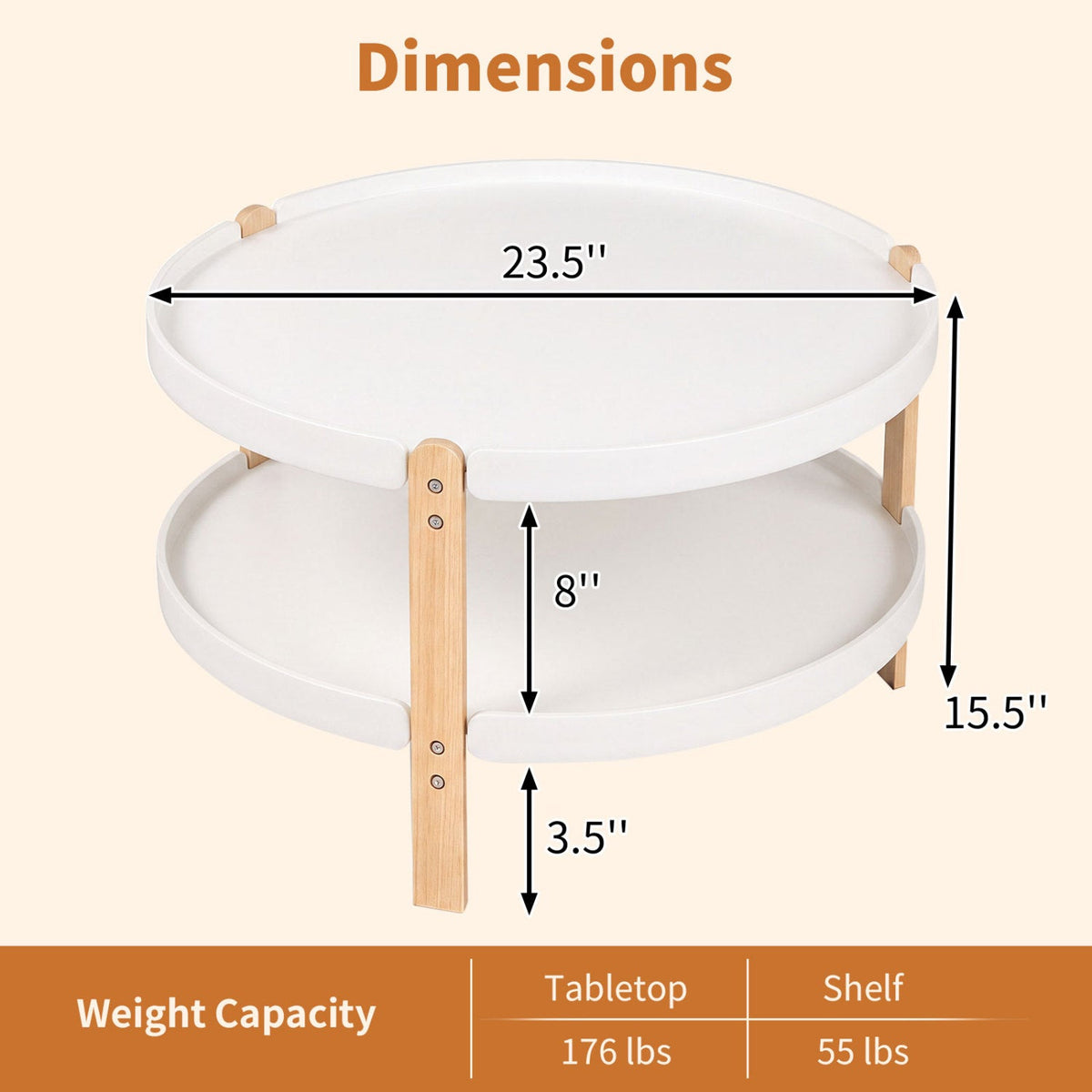 23.5 inches 2-Tier Round Coffee Table with Solid Wood Legs and Open Storage Shelf-White