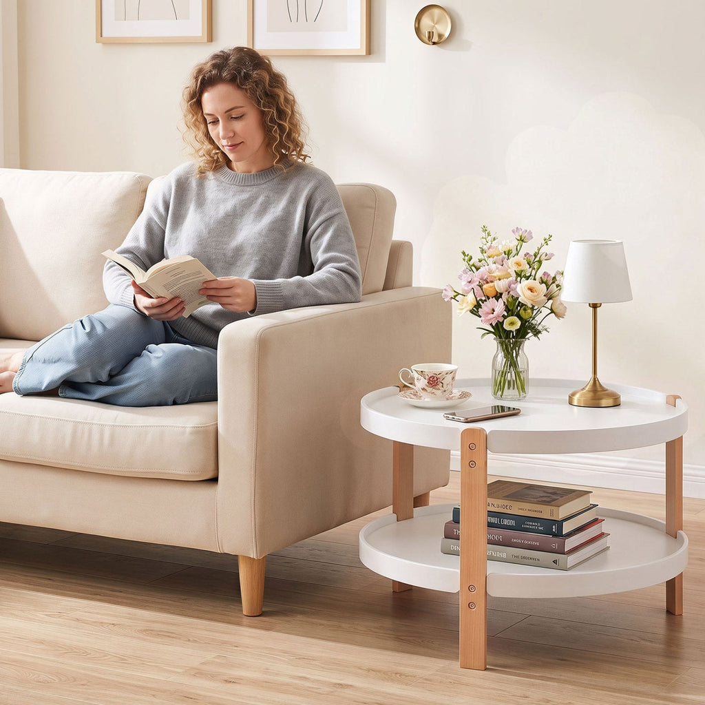 23.5 inches 2-Tier Round Coffee Table with Solid Wood Legs and Open Storage Shelf-White