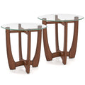 23.5 Inch Round End Side Table Set of 2 with Tempered Glass Tabletop-Walnut