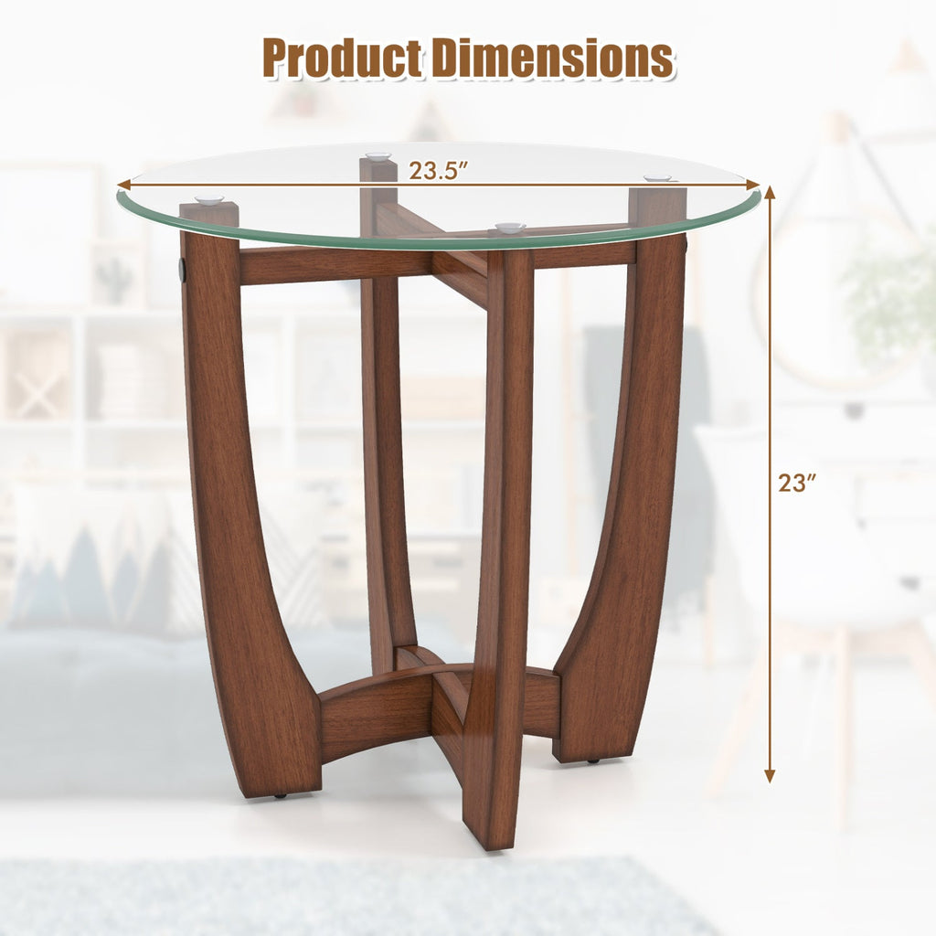 23.5 Inch Round End Side Table with Tempered Glass Tabletop-Walnut