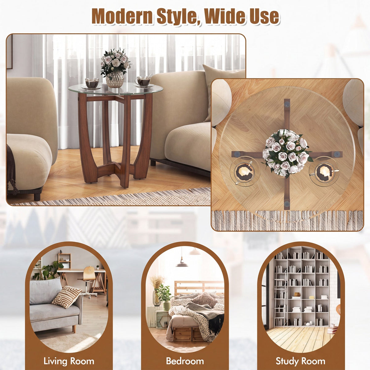 23.5 Inch Round End Side Table with Tempered Glass Tabletop-Walnut
