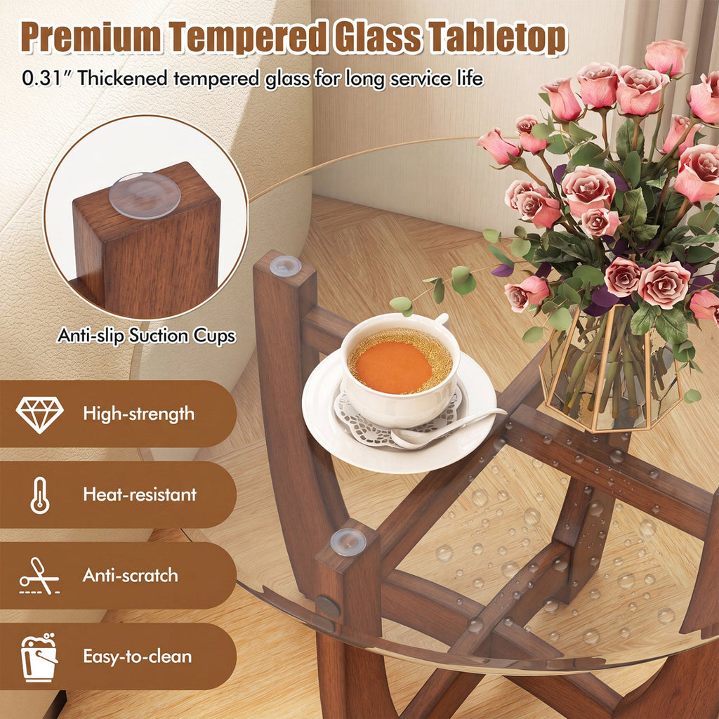 23.5 Inch Round End Side Table with Tempered Glass Tabletop-Walnut