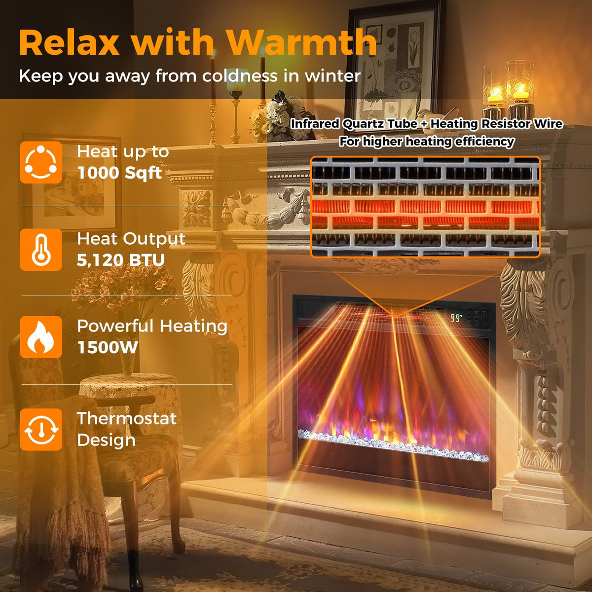 23 Inch 1500W Recessed Electric Fireplace Insert with Remote Control-Black