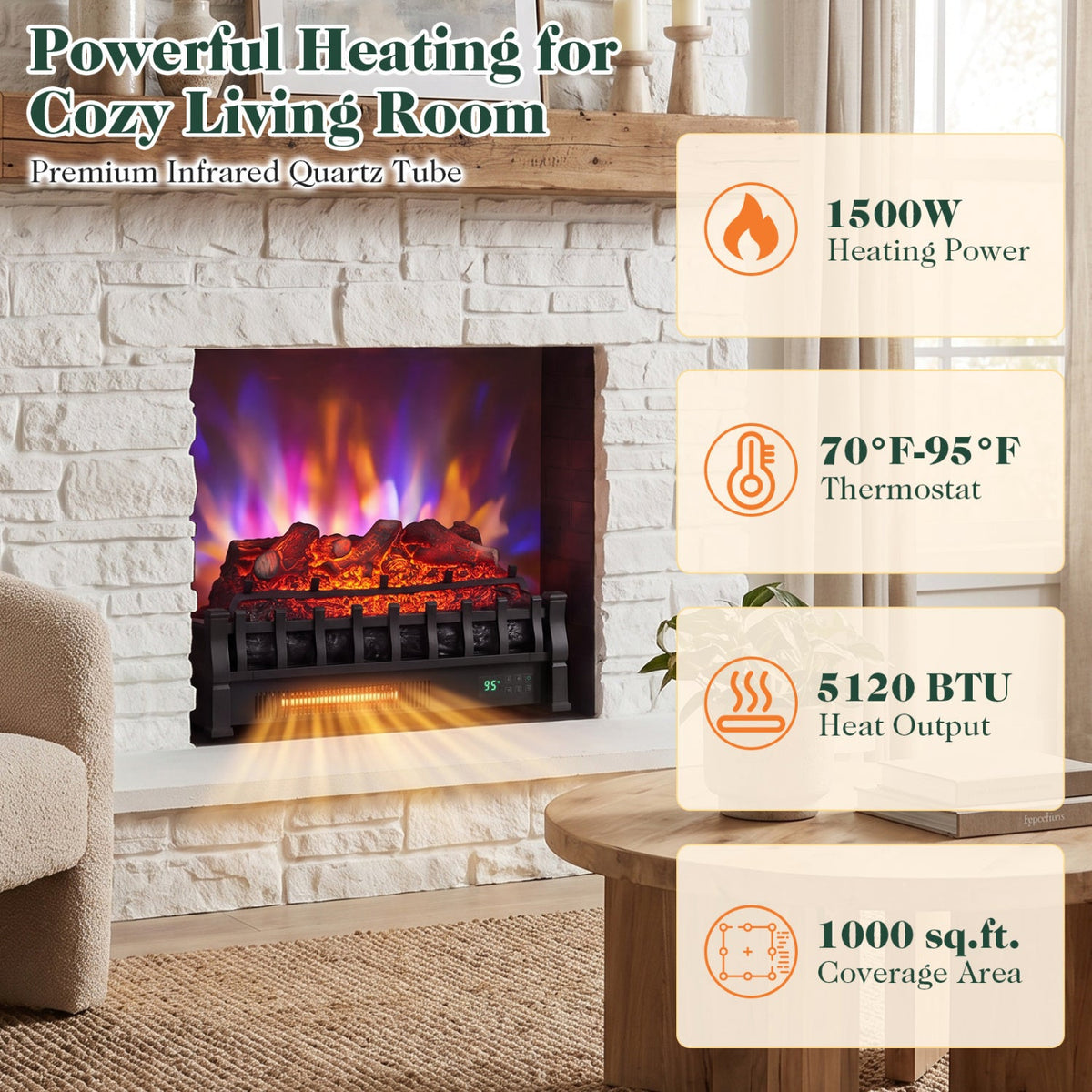 23 inches WiFi Fireplace Insert Lemonwood Set with App and Remote-Black