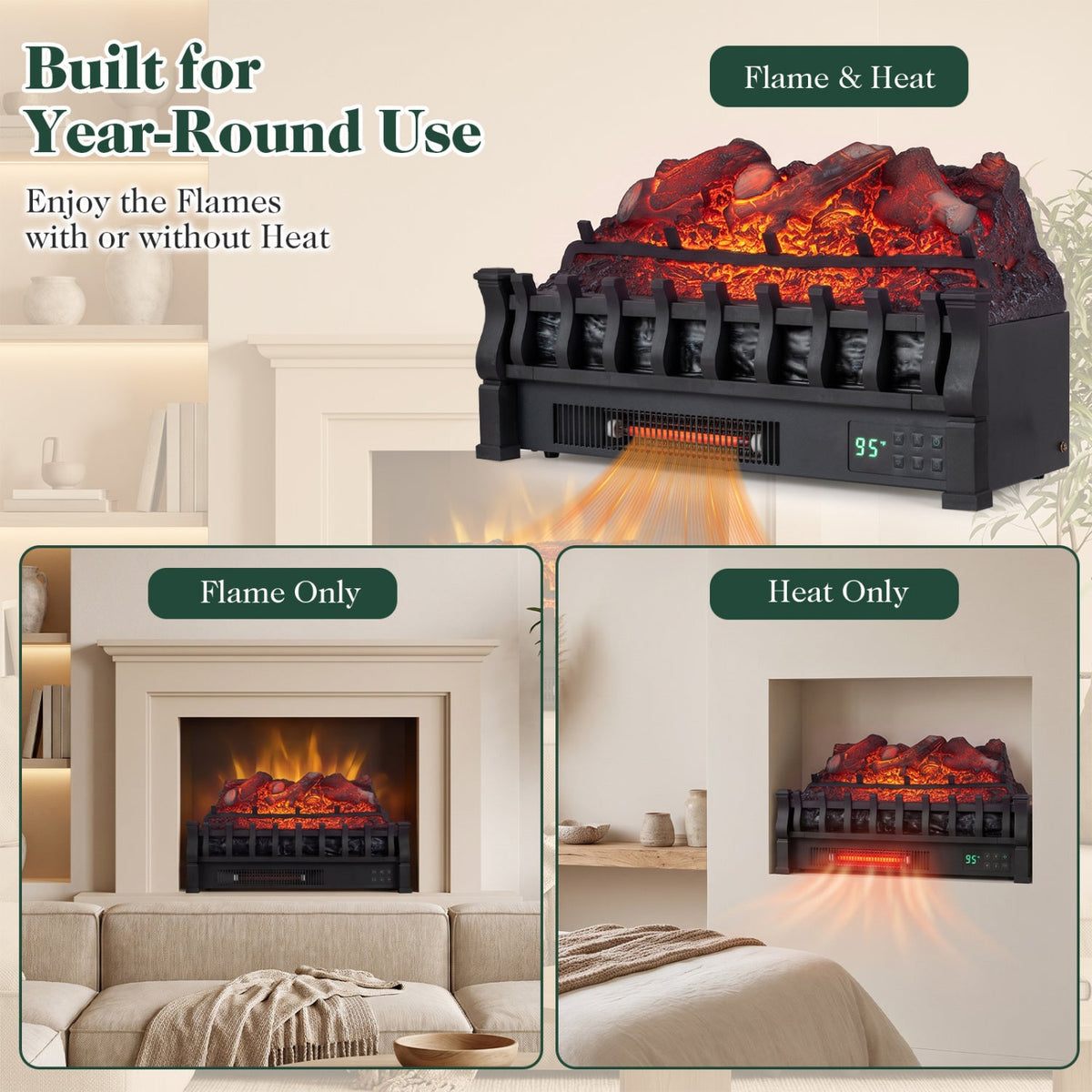 23 inches WiFi Fireplace Insert Lemonwood Set with App and Remote-Black