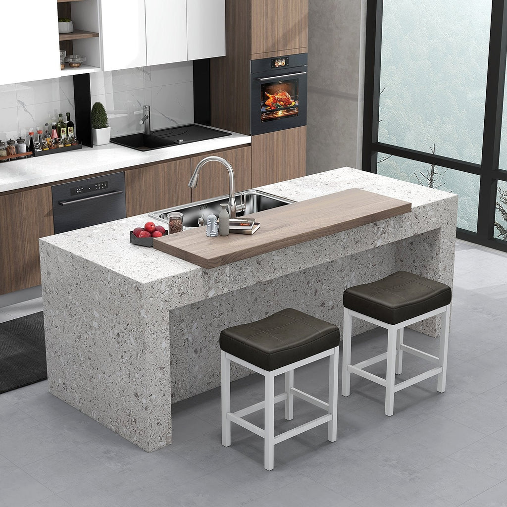 Set of 2 Backless Counter Stools with Dark Grey Padded Seat and White Frame, 24.5 Inch Seat