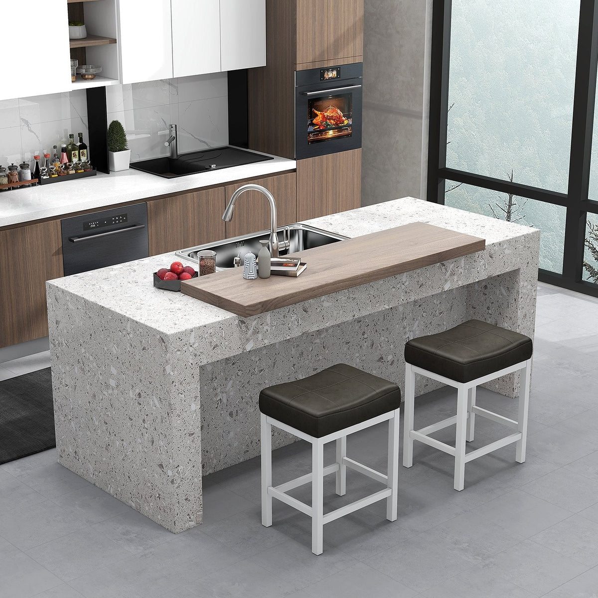 Set of 2 Backless Counter Stools with Dark Grey Padded Seat and White Frame, 24.5 Inch Seat