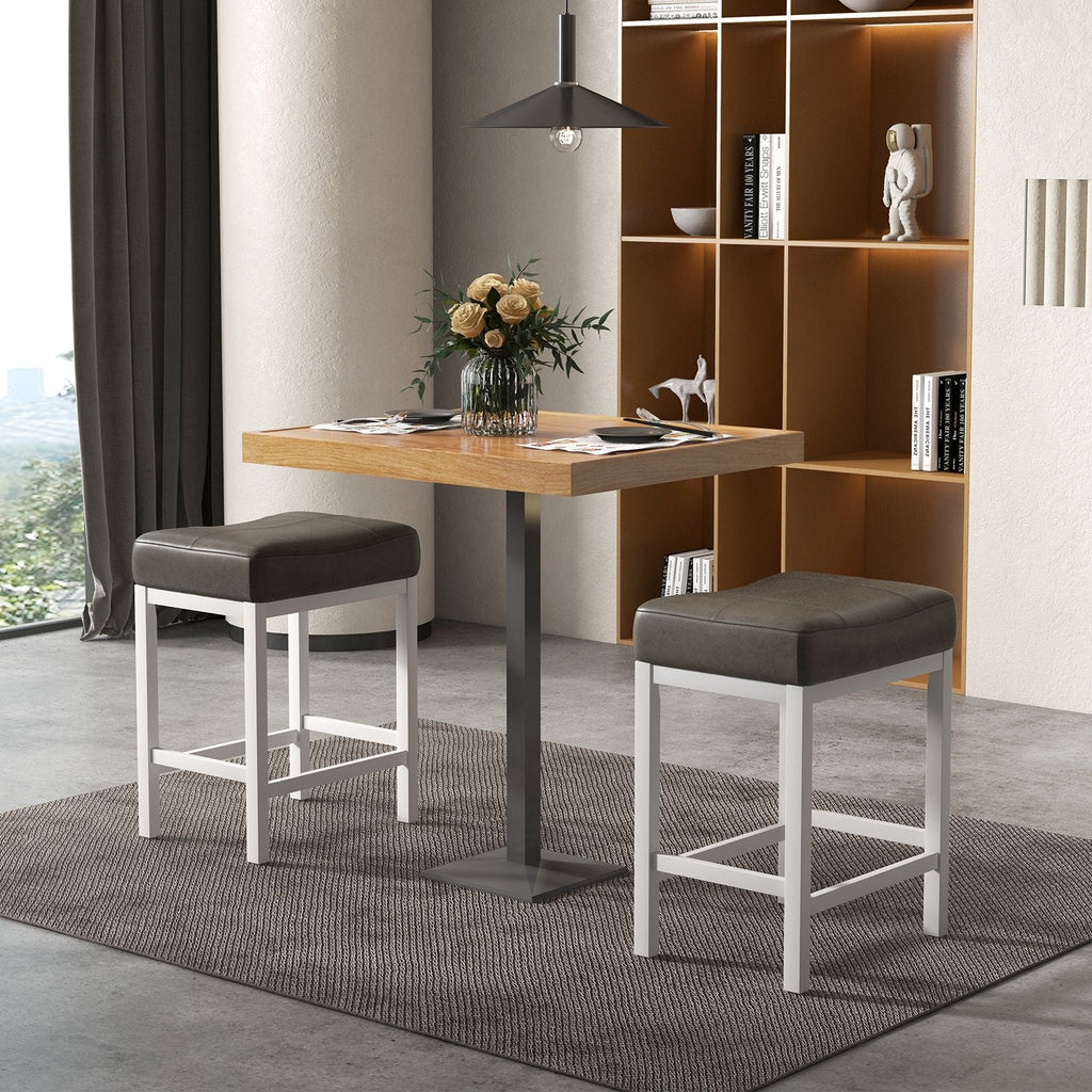 Set of 2 Backless Counter Stools with Dark Grey Padded Seat and White Frame, 24.5 Inch Seat