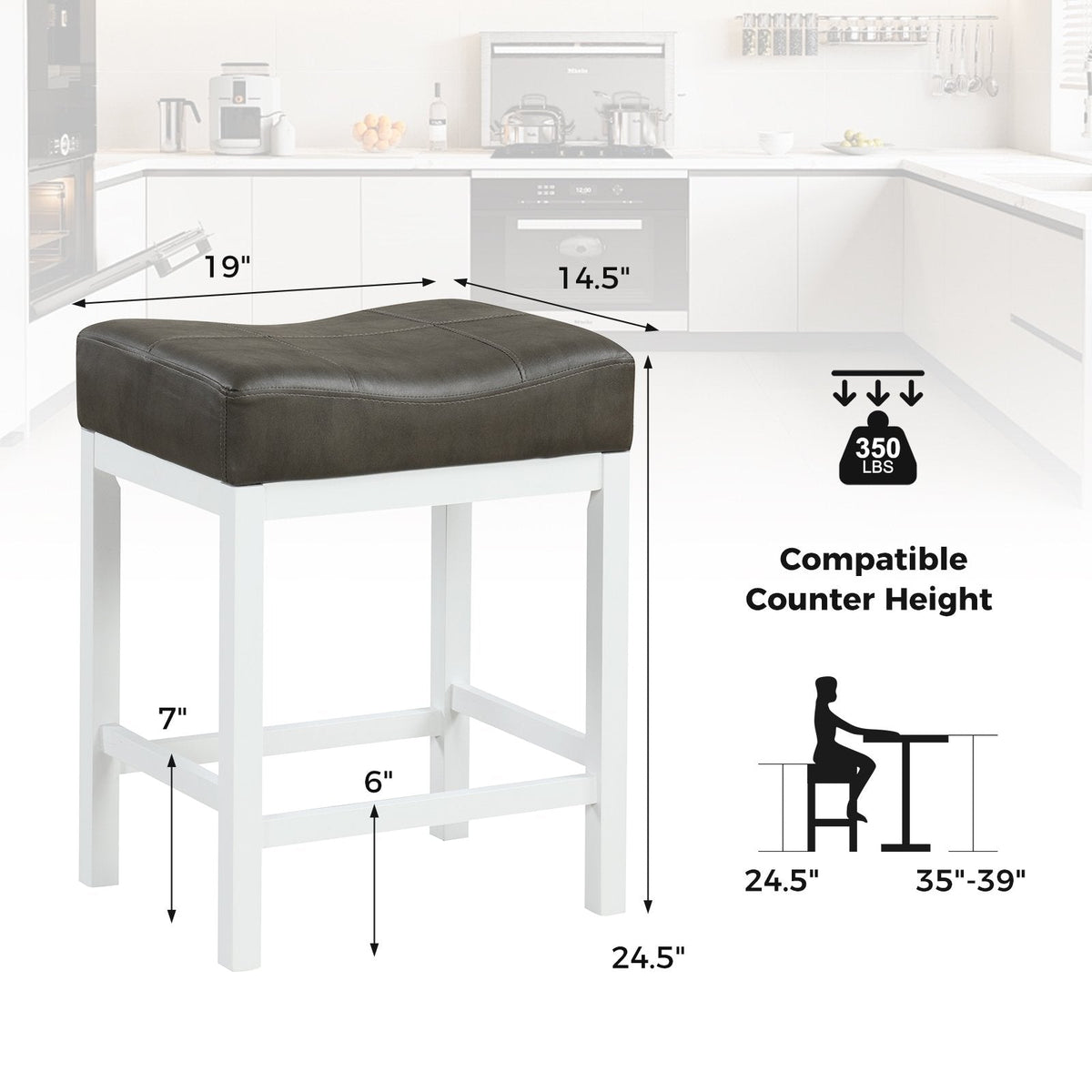 Set of 2 Backless Counter Stools with Dark Grey Padded Seat and White Frame, 24.5 Inch Seat