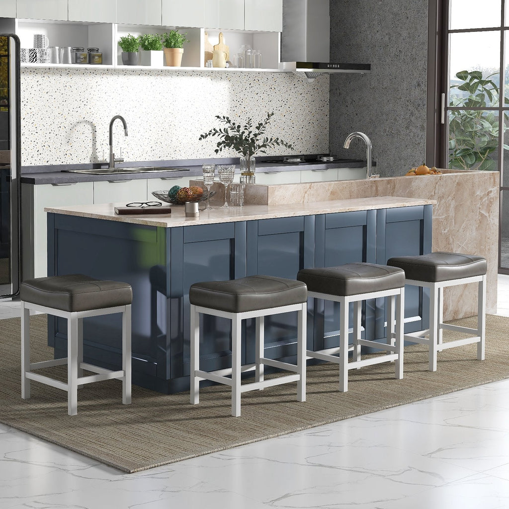 Set of 2 Backless Counter Stools with Dark Grey Padded Seat and White Frame, 24.5 Inch Seat