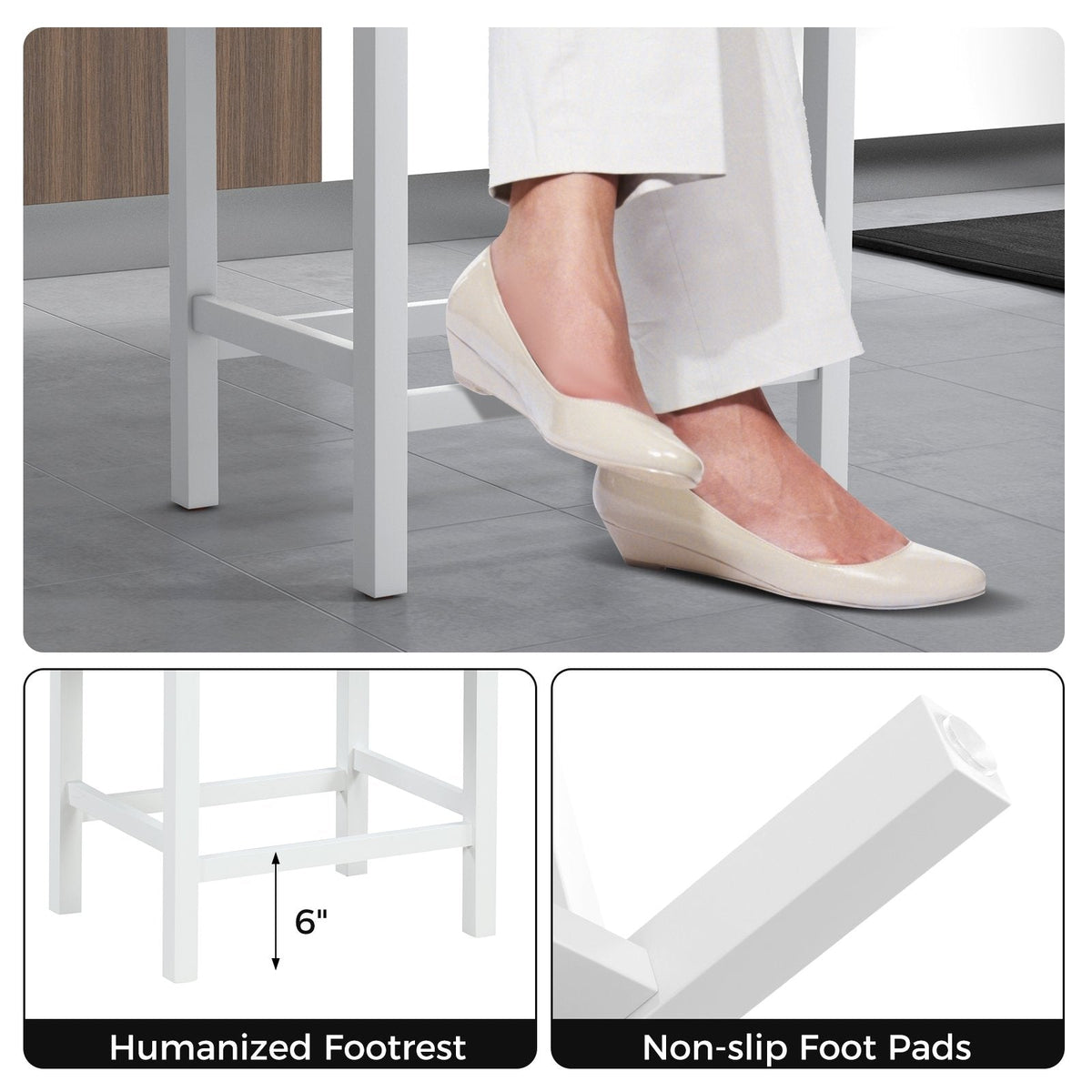 Set of 2 Backless Counter Stools with Dark Grey Padded Seat and White Frame, 24.5 Inch Seat