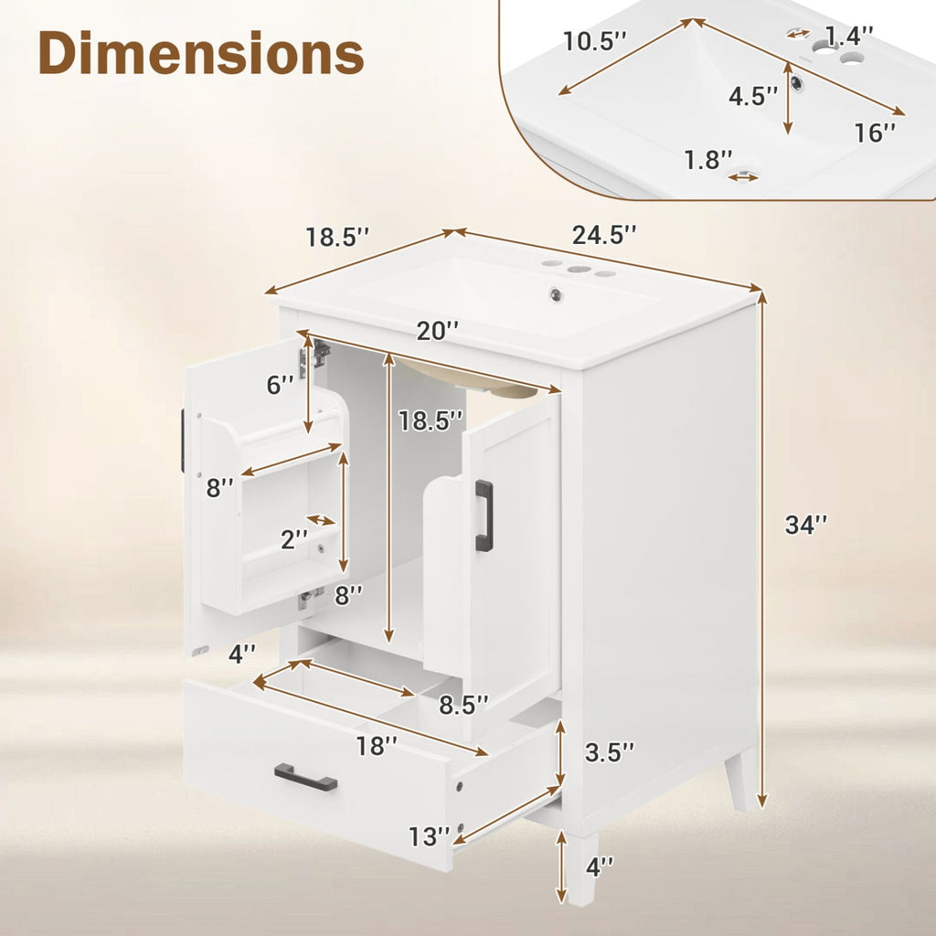 24.5 inches Modern Bathroom Vanity with Sink 2 Doors and Drawer-White