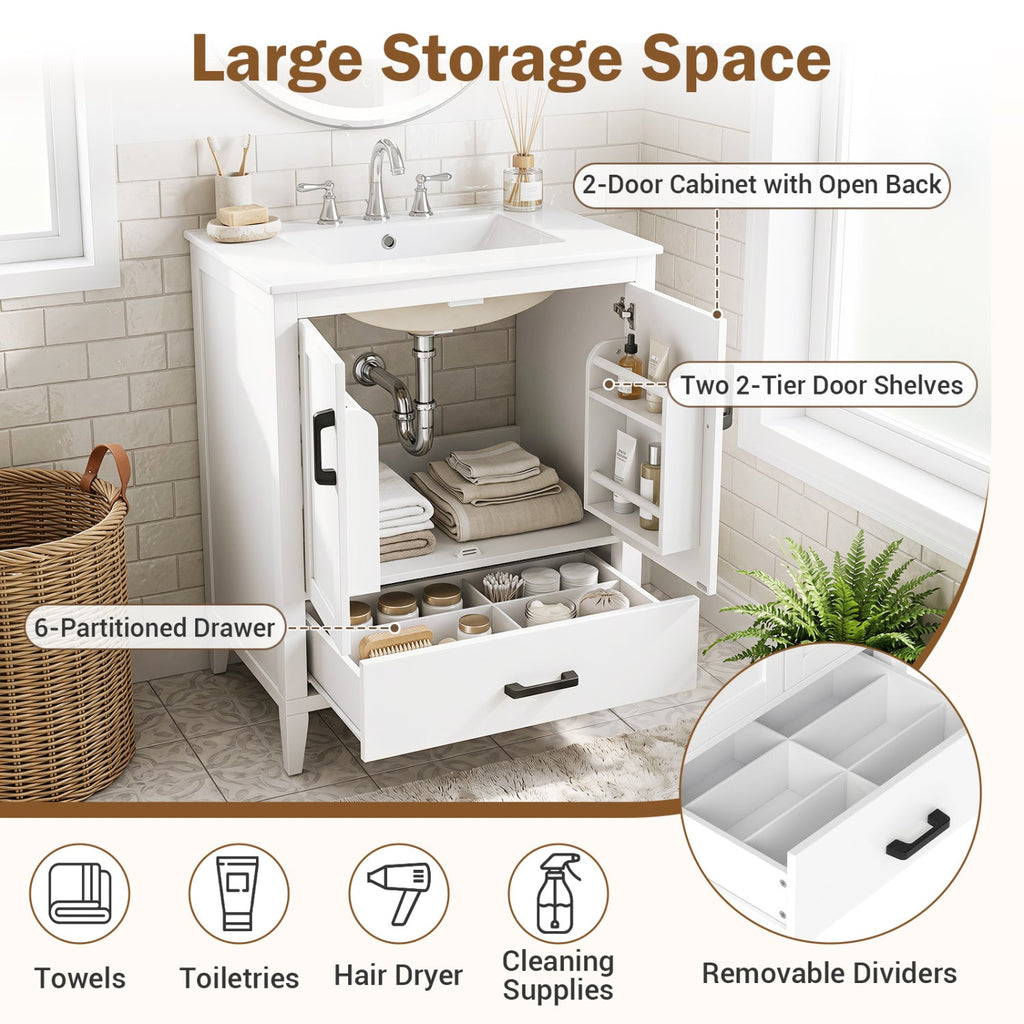 24.5 inches Modern Bathroom Vanity with Sink 2 Doors and Drawer-White