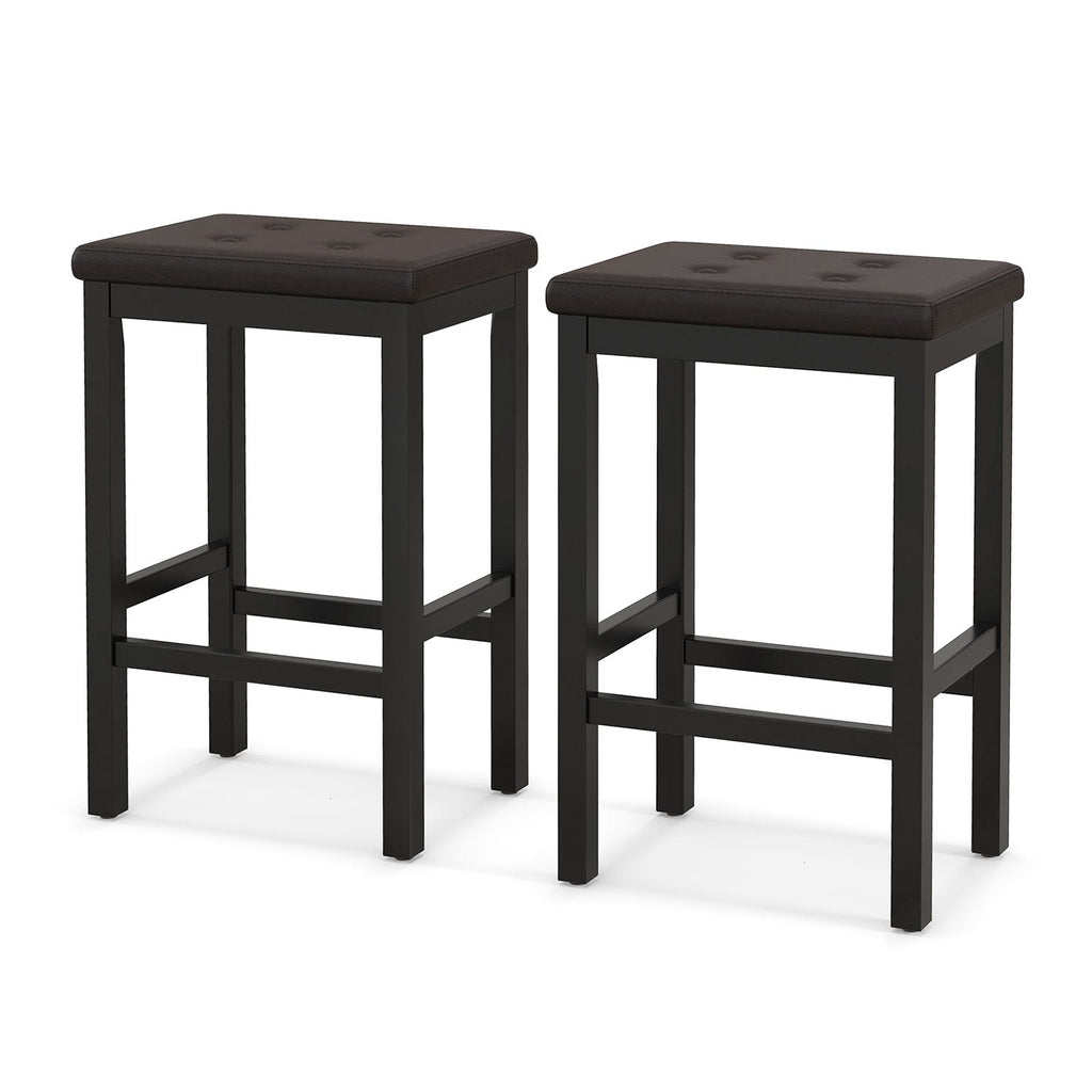 Backless Counter Stools with Button Tufted Brown Seat and Black Frame, 24 Inch Seat Height