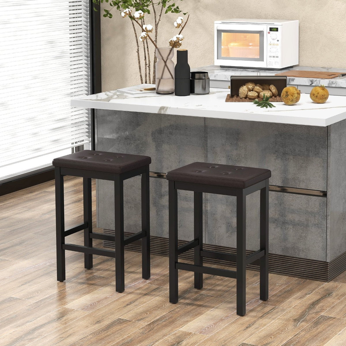 Backless Counter Stools with Button Tufted Brown Seat and Black Frame, 24 Inch Seat Height