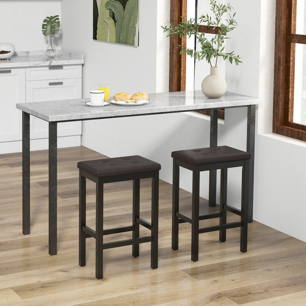Backless Counter Stools with Button Tufted Brown Seat and Black Frame, 24 Inch Seat Height