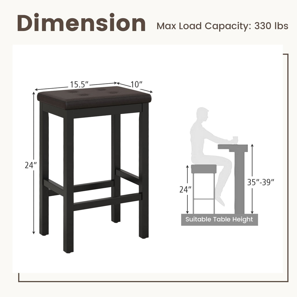 Backless Counter Stools with Button Tufted Brown Seat and Black Frame, 24 Inch Seat Height