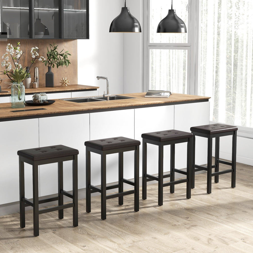 Backless Counter Stools with Button Tufted Brown Seat and Black Frame, 24 Inch Seat Height