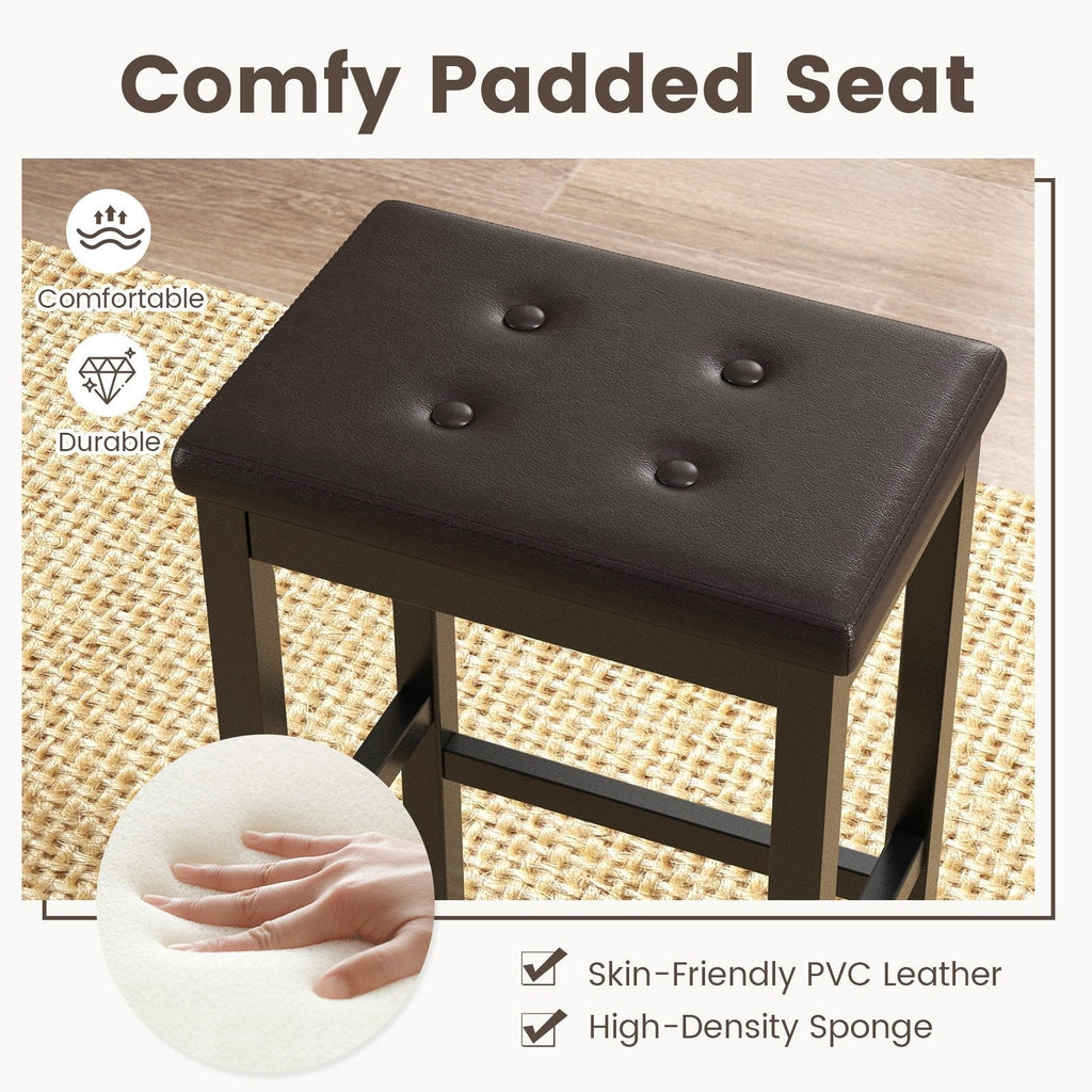 Backless Counter Stools with Button Tufted Brown Seat and Black Frame, 24 Inch Seat Height