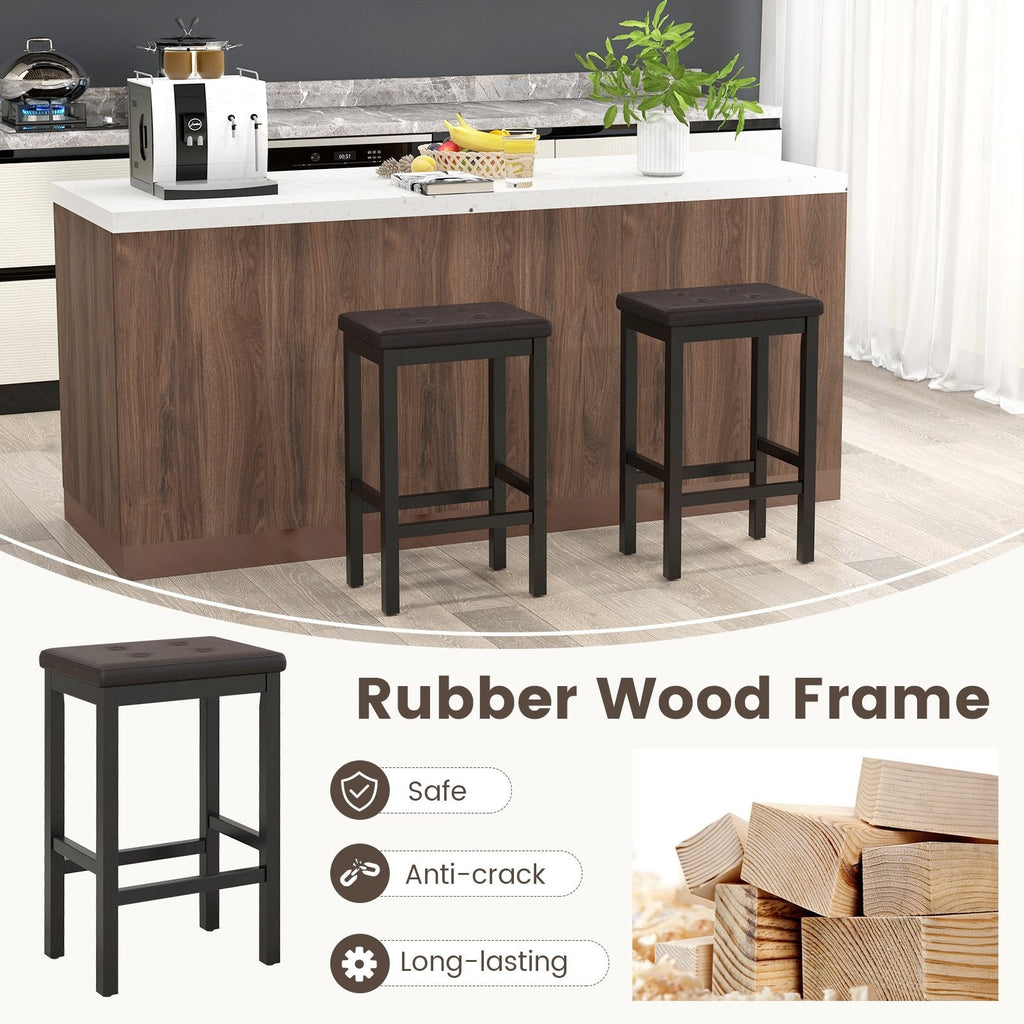 Backless Counter Stools with Button Tufted Brown Seat and Black Frame, 24 Inch Seat Height