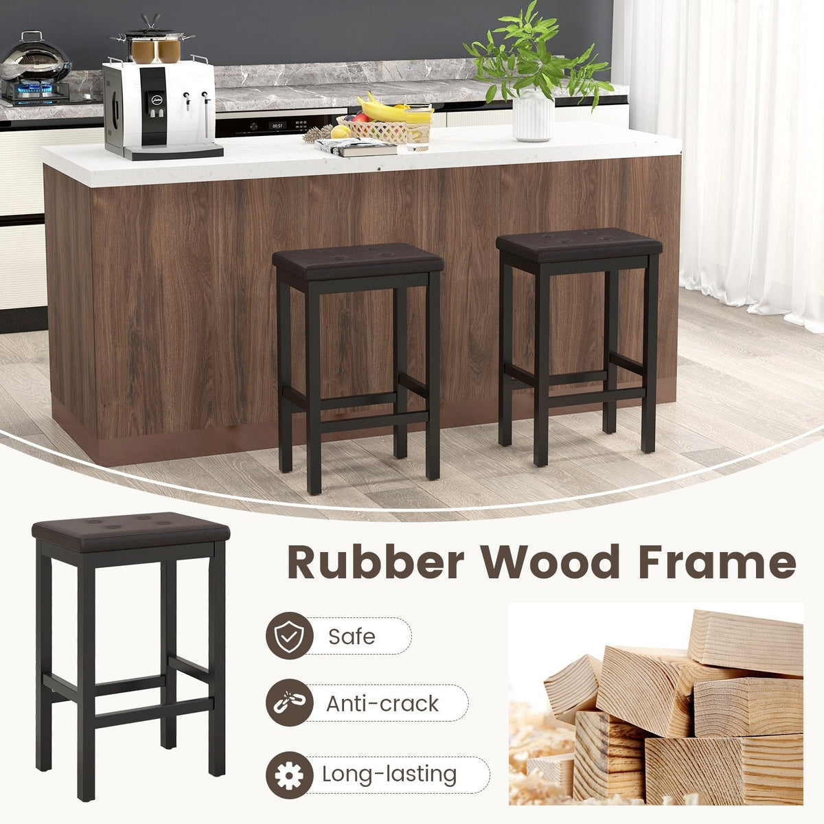 Backless Counter Stools with Button Tufted Brown Seat and Black Frame, 24 Inch Seat Height