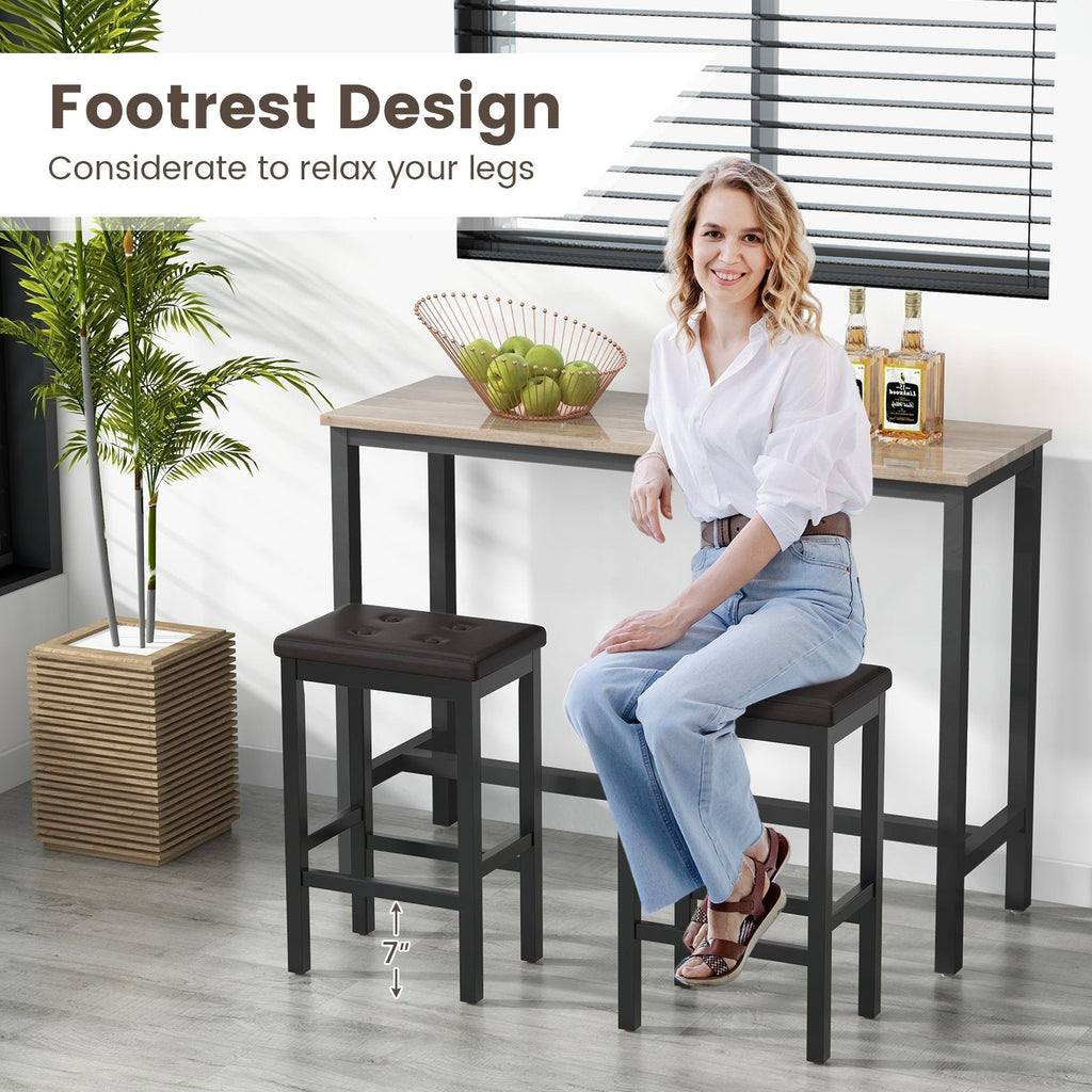 Backless Counter Stools with Button Tufted Brown Seat and Black Frame, 24 Inch Seat Height